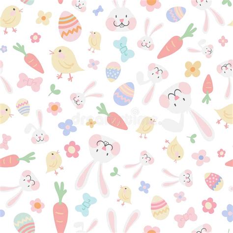 Vector Hand Drawn Easter Seamless Pattern With Cute Bunnies Chicken