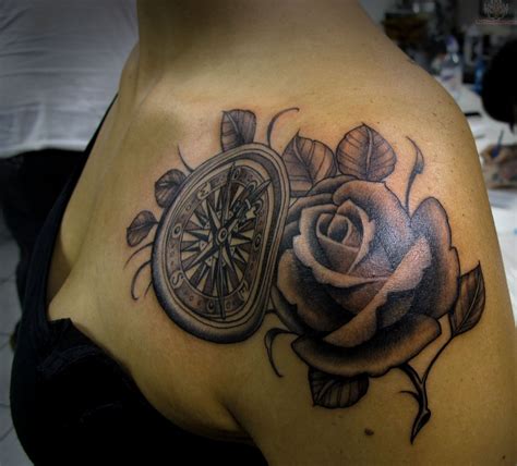 Rose And Compass Tattoo On Shoulder