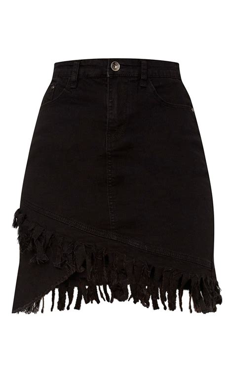 Black Fringe Hem Denim Mini Skirt Denim Prettylittlething Usa