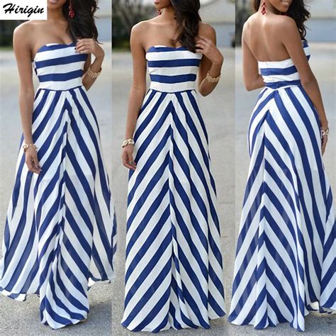 striped women sexy summer maxi long dress strapless elegant evening party beachwear dress