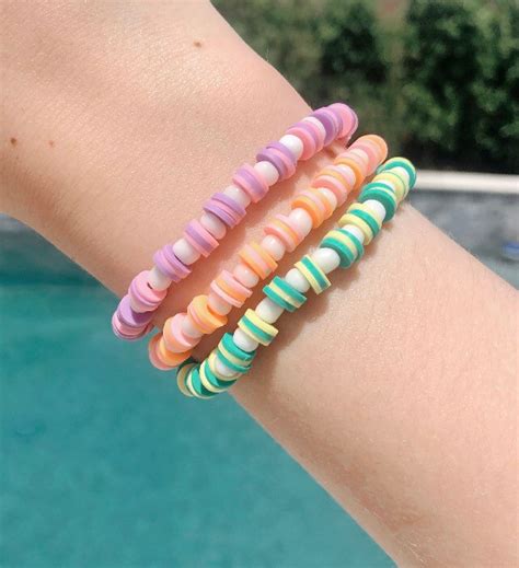Clay Bead Flat Bead Bracelets With White Seed Beads Etsy