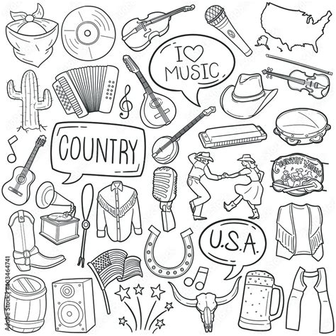 Country Music Doodle Icon Set American Traditional Folk Music Tools