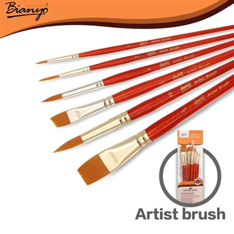 Bianyo 6 Pcs Artist Red Handle Nylon Hair Acrylic Paint Brush Set For