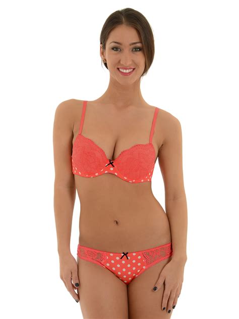 Spree Coral And White Polka Dot Push Up Bra With Lace Panty Junior S
