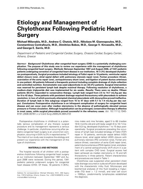 Pdf Etiology And Management Of Chylothorax Following Pediatric Heart