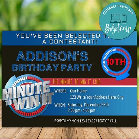 Printable Minute To Win It Birthday Party Invitation Diy Bobotemp