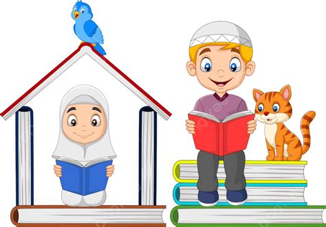 Kartun Anak Muslim Membaca Buku Dengan Tumpukan Buku Dan Membentuk