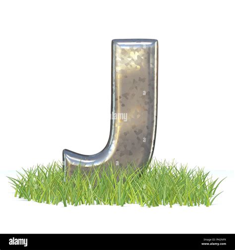 Galvanized Metal Font Letter J In Grass 3d Render Illustration Isolated