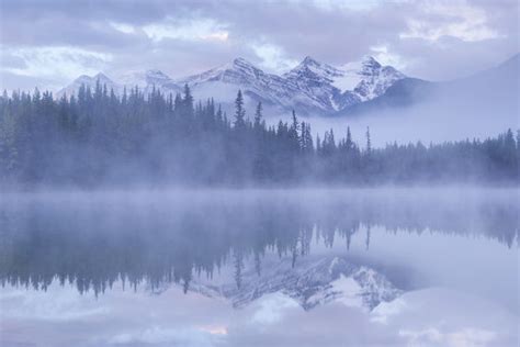 Snow Capped Mountains Reflect In A Misty Herbert Lake Photos Puzzles