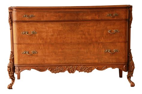 Vintage Burled Walnut French Carved Long Dresser | Chairish