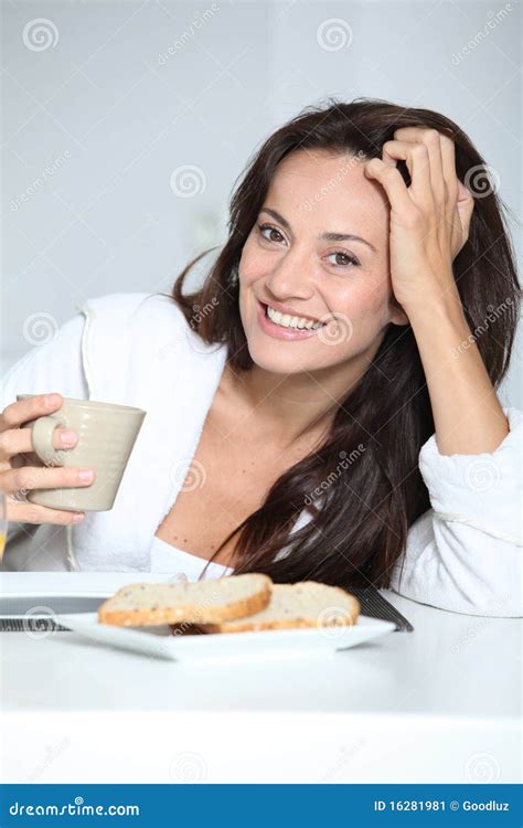 Portrait Of Woman In He Morning Stock Image Image Of Happy Closeup