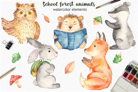 School Forest Animals Watercolor Clipart Teachers Day By Marina