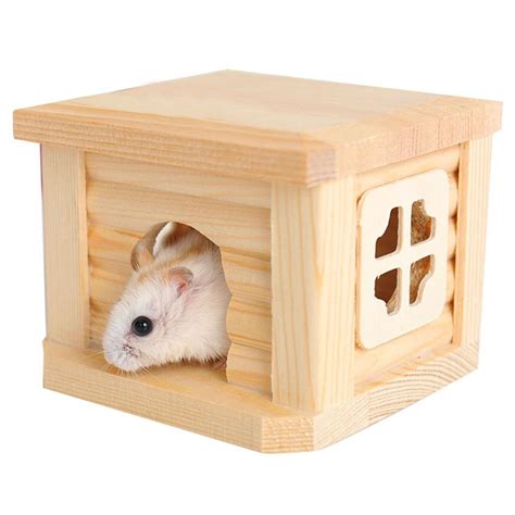 Cute Natural Wooden Cabin Hamster House Flat Roof Pet Playing Toy Cage