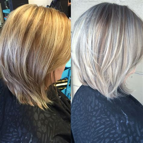 These tones are perfect for women with medium to dark eyebrows. Before and after. silver hair. | Hair styles, Gray hair ...