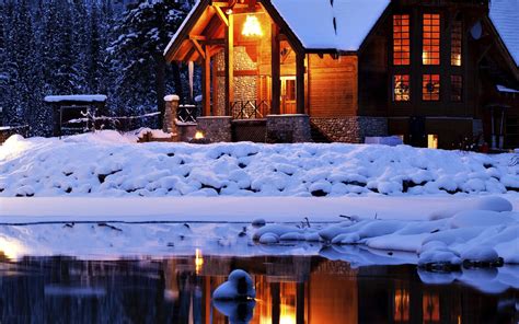 Buildings Cottge House Winter Snow Lakes Reflection Lights House