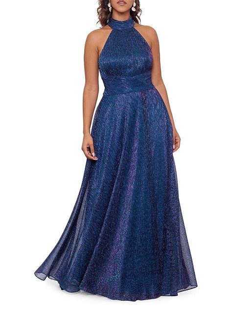 Betsy And Adam Metallic Crinkle Halterneck Gown In Blue Lyst