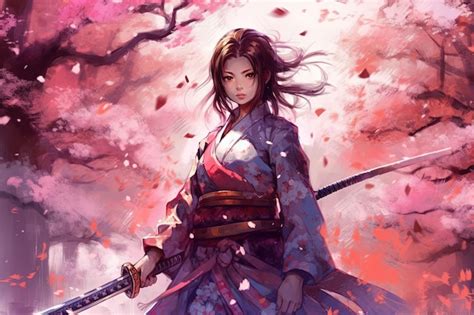 Premium Ai Image Fierce Samurai Girl Wielding A Katana And Wearing Traditional Japanese Armor