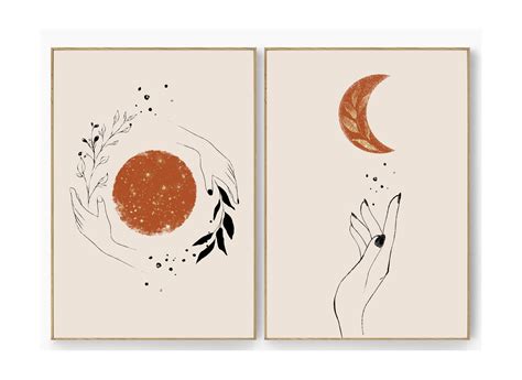 Sun And Moon Print Set Of 2 Boho Wall Decor Midcentury Etsy In 2022