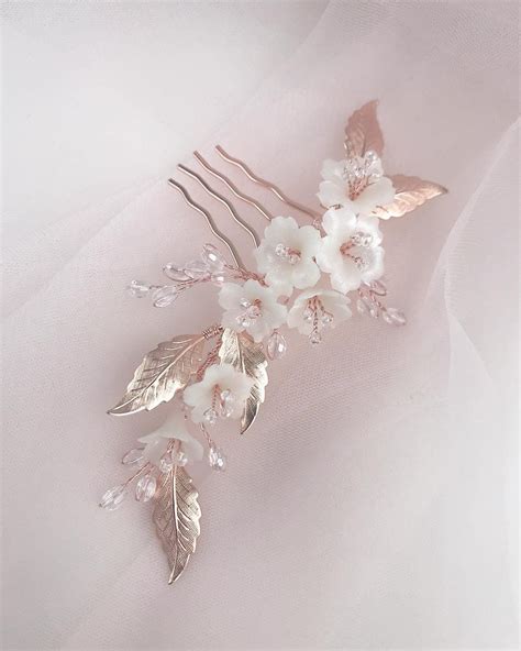 Rose Gold Hair Comb White Flowers Bridal Hair Accessories For Etsy
