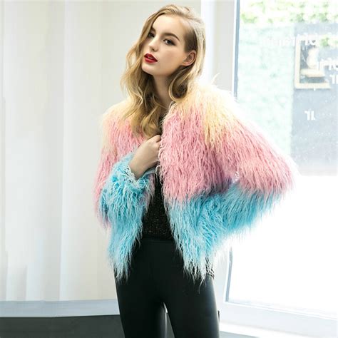 2019 Winter Women Faux Fur Coat Jacket Long Sleeves Rainbow Color Furry