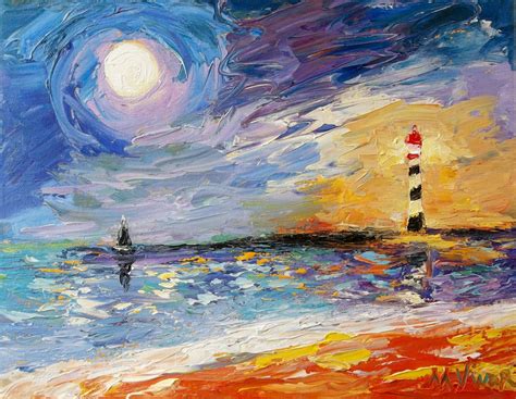 Abstract Impressionist Lighthouse Sail Boat Ocean Impasto