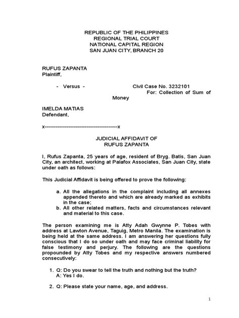 Judicial Affidavit For Legal Forms Pdf Affidavit Perjury