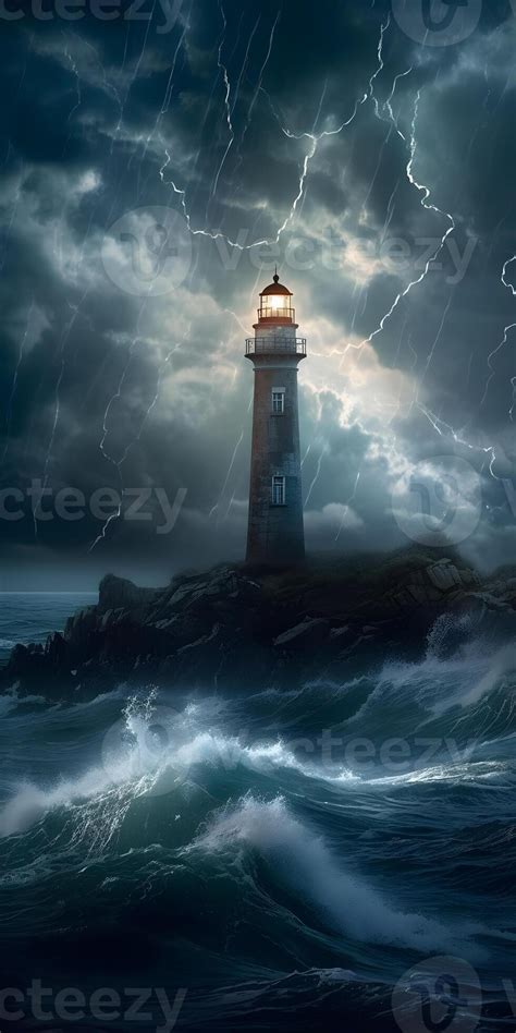 Lighthouse During Storm Harbor Landscape With Storm And Lightning