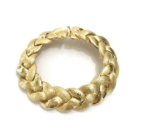 Chunky Braided Gold Tone Bracelet Three Textures Brushed Etsy Gold