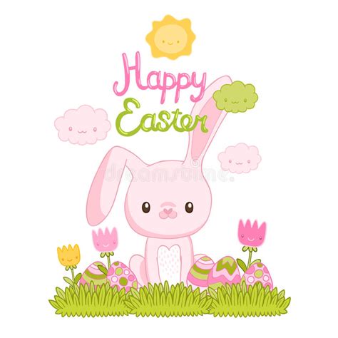 Happy Easter Cartoon Cute Bunny And Eggs Stock Vector