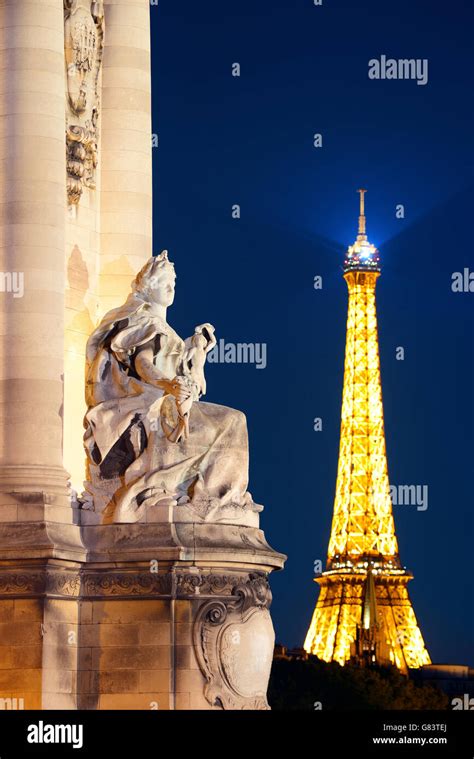 Paris France May 13 Eiffel Tower And Statue At Night On May 13