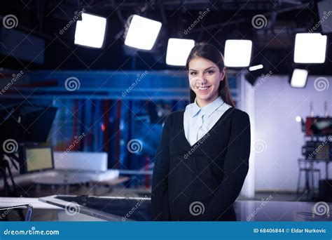 Television Presenter Recording In News Studiofemale Journalist Anchor