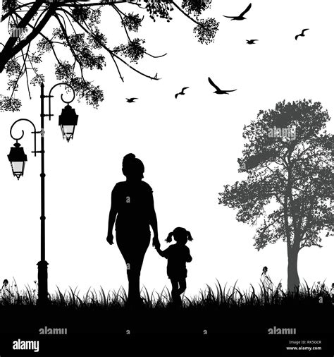 Madre E Hija Silueta Caminando Juntos En El Parque Ilustración