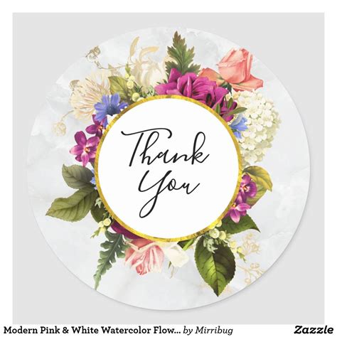 A Round Thank You Sticker With Flowers And Leaves In The Center That
