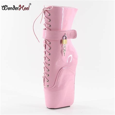 wonderheel new 18cm wedges heel patent leather lace up locked padlocks ankle ballet boots sexy