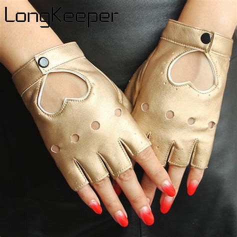 Longkeeper Womens Semi Finger Hip Hop Gloves Ladys Leather Heart