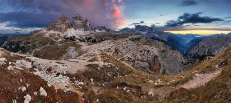 Majestic Sunset In Mountains Landscape Dolomites Tre Cime Stock Photo