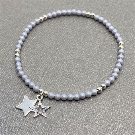Sterling Silver Beaded Stretch Star Charm Bracelet With Pale Etsy