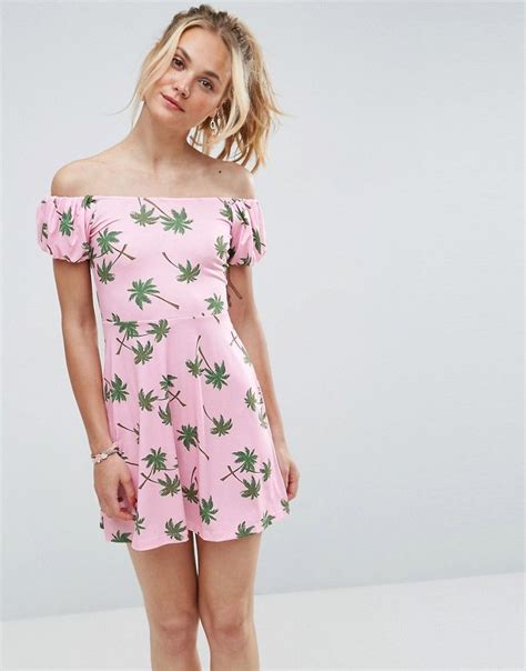 Buy It Now ASOS Mini Skater Dress With Off Shoulder Puff Sleeve In