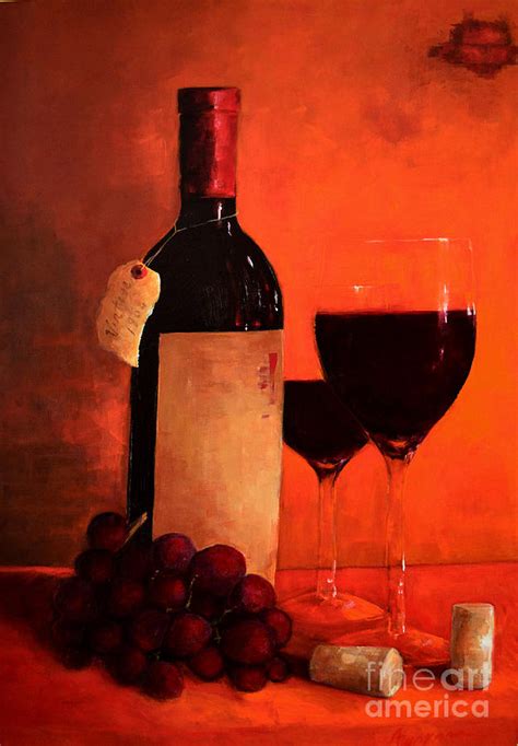 Wine Bottle Wine Glasses Red Grapes Vintage Style Art Painting By