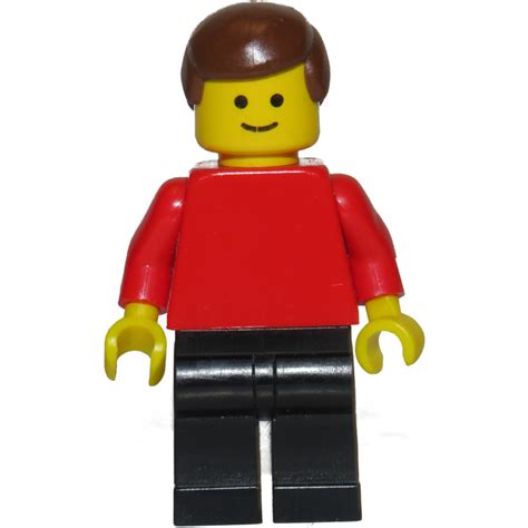 Lego Man With Plain Red Torso Black Legs Brown Hair Minifigure