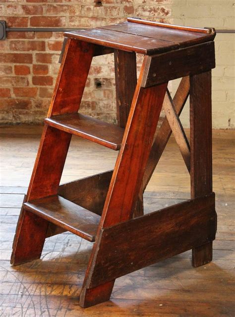 Wooden Step Ladder Vintage Antique Moveable Wood Factory Shop Ladder