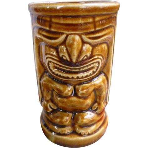 6 Vintage Hawaiian ~ Tiki Leilani ~ 2 Sided Brown Pottery Ceramic Mugs