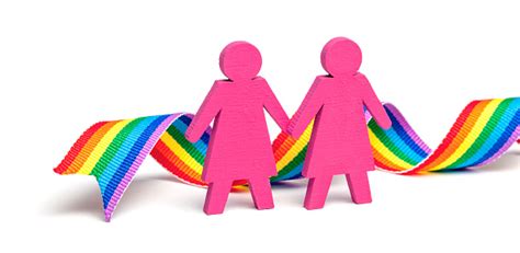 Two Lesbian Girls Holding Hands Isolated On White Background With Lgbt Rainbow Ribbon Stock