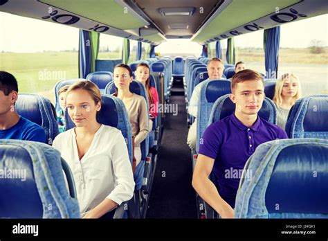 Group Of Passengers Or Tourists In Travel Bus Stock Photo Alamy