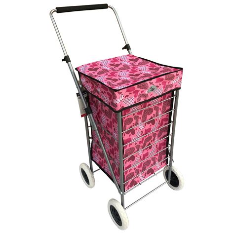 4 Wheeled Foldable Caged Shopping Mobility Trolley Bag Pink