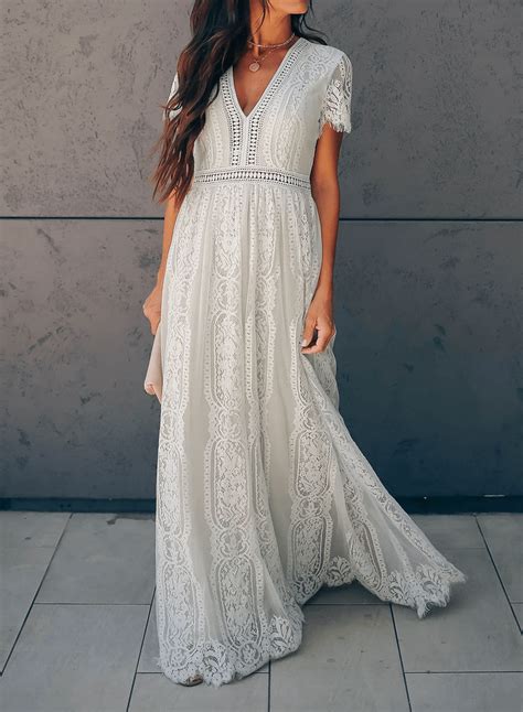 V Neck Short Sleeve Lace Maxi Dress In 2020 Lace Dress White Lace
