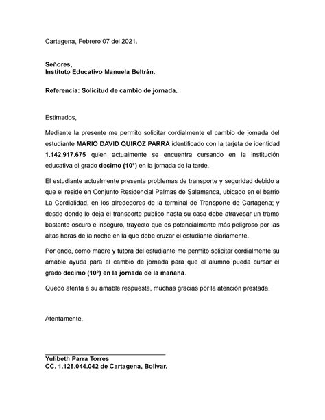 Carta Cambio De Jornada Mario David Cartagena Febrero Del