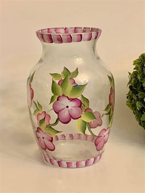 Painted Vase With Burgundy Flowers Painted All The Way Around Etsy Painted Glass Vases