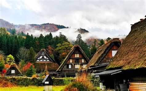 Japan Shirakawa Houses Mountains Trees World Travel Hd Wallpaper