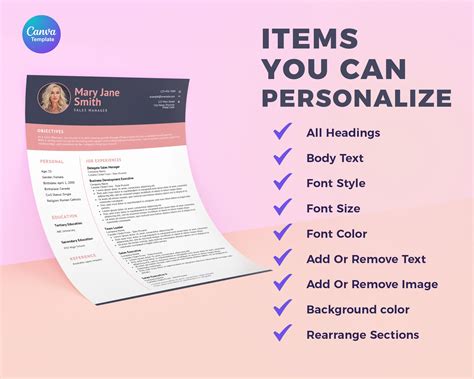 Professional Resume Template With Photo Canva Template 1 - Etsy